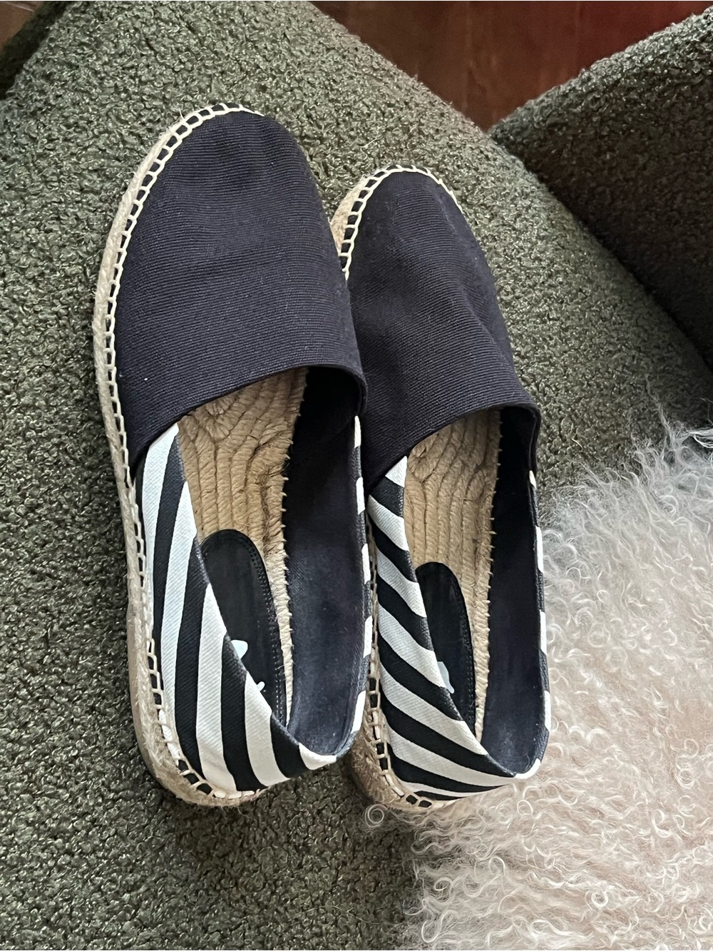 Off-White Black Canvas Espadrille Slip-Ons with Black-and-White Striped Heel